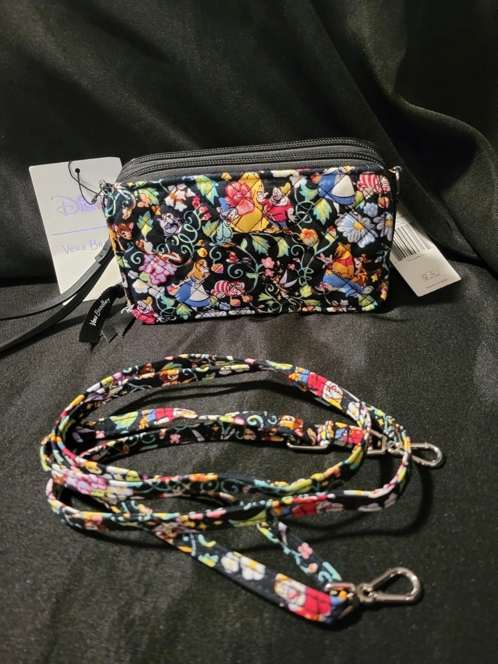 Vera Bradley Black Multicolor Floral Disney Convertible Wristlet Crossbody